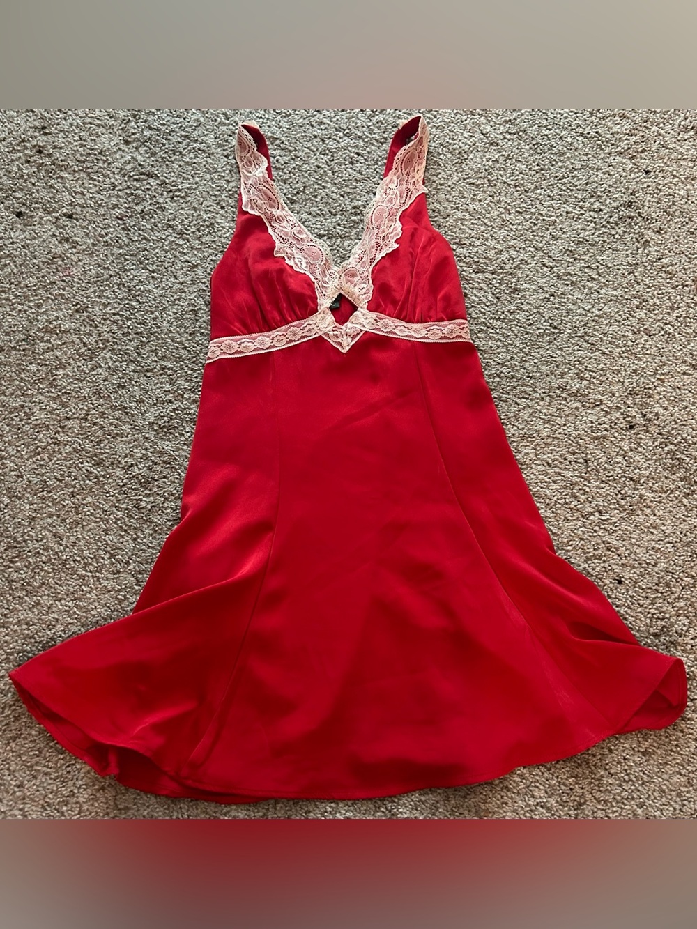 wild fable Red Satin Chemise with Cream Lace Trim